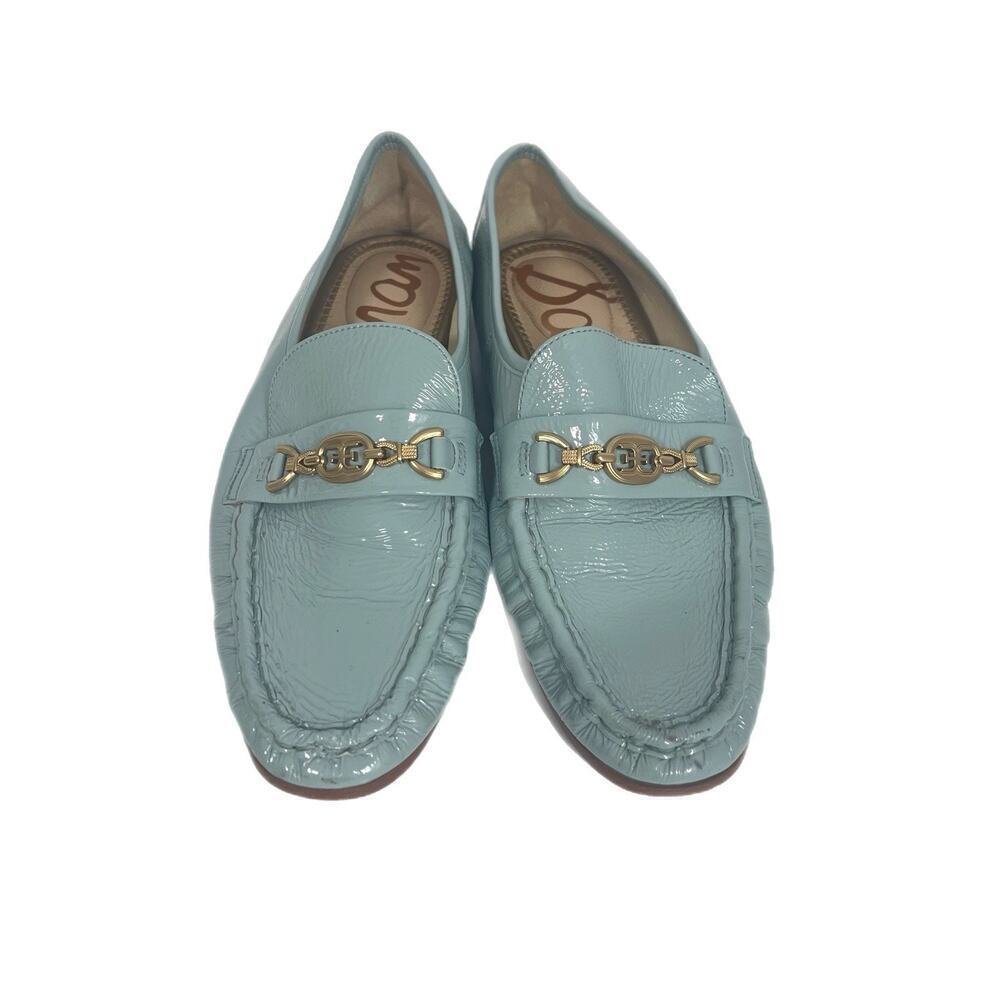 Sam Edelman Women's Lucca Loafer Blue Crinkle Patent Leather Size 9 Gold Logo